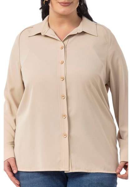 Büyük Beden Reglan Kollu Bej Rengi Gömlek fırsatları