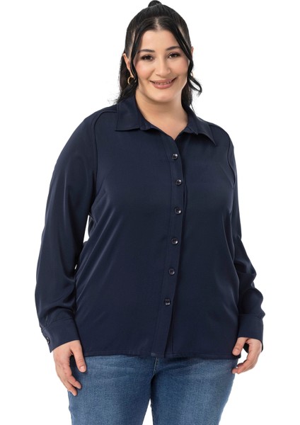 Büyük Beden Reglan Kollu Lacivert Gömlek