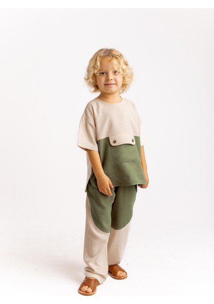 Kanguru Cepli Iki Renkli Keten Erkek Çocuk Bluz Haki