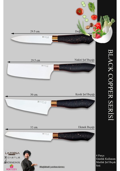 Black Copper Serisi Mutfak Bıçak Seti Et Ekmek Sebze Şef Bıçağı 4’Lü Set fiyatları