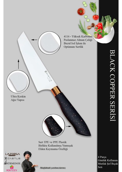 Black Copper Serisi Mutfak Bıçak Seti Et Ekmek Sebze Şef Bıçağı 4’Lü Set modelleri