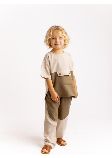 Kanguru Cepli Iki Renkli Keten Erkek Çocuk Bluz Caramel fiyatları