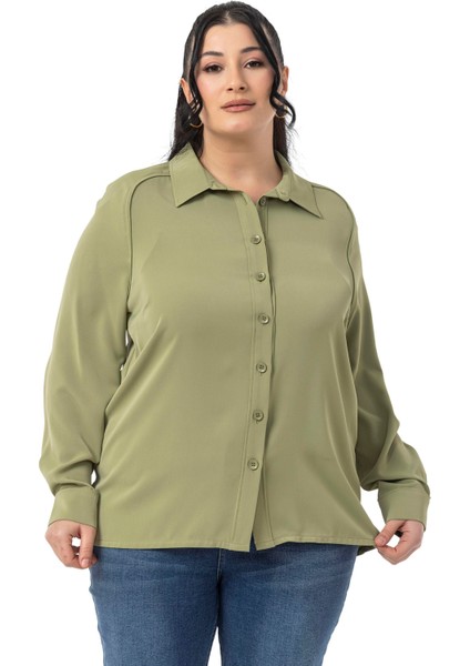 Büyük Beden Reglan Kollu Fıstık Yeşili Gömlek