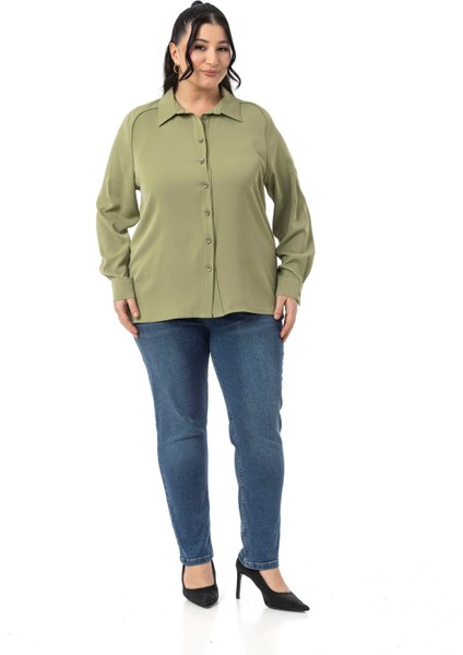 Büyük Beden Reglan Kollu Fıstık Yeşili Gömlek fiyatları