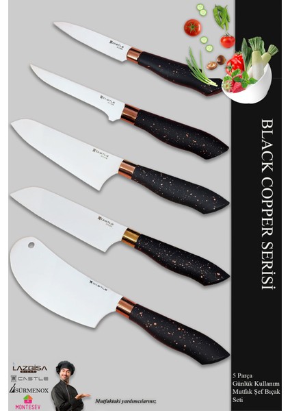 Black Copper Serisi Mutfak Bıçak Seti Et Ekmek Sebze Salata Börek Şef Bıçağı 5’Li Set