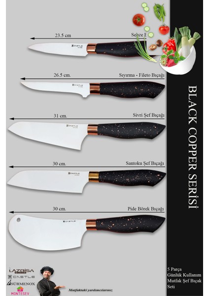 Black Copper Serisi Mutfak Bıçak Seti Et Ekmek Sebze Salata Börek Şef Bıçağı 5’Li Set fiyatları