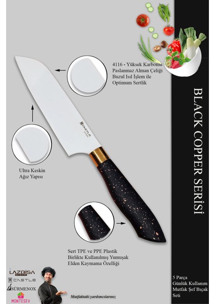 Black Copper Serisi Mutfak Bıçak Seti Et Ekmek Sebze Salata Börek Şef Bıçağı 5’Li Set modelleri