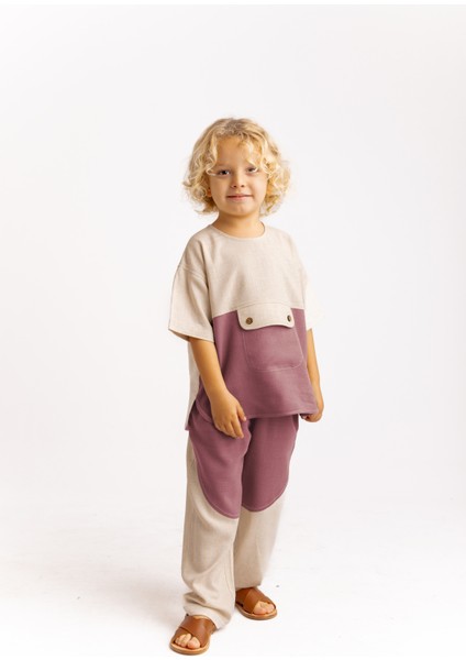 Kanguru Cepli Iki Renkli Keten Erkek Çocuk Bluz Mürdüm