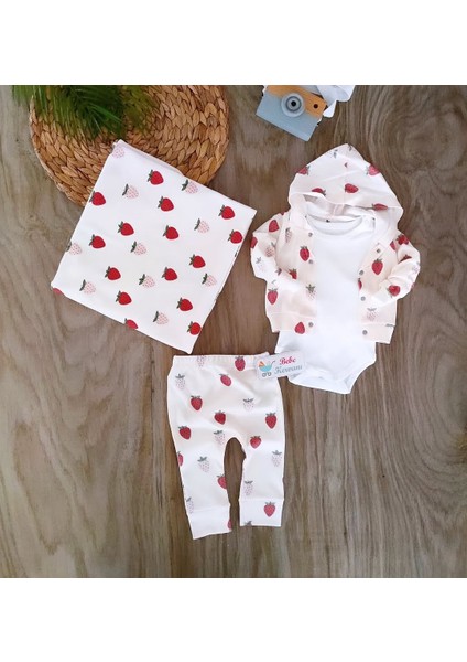 Kız Bebek %100 Pamuk Çilekli Kapüşonlu Battaniyeli Bebek Takımı Yenidoğan 0-3 Aylık BBK1066