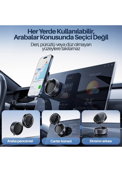 Kipgsm Vakumlu Manyetik 360° Dönen Araç Içi Telefon Tutucu | Samsung Apple Xiaomi Uyumlu | Siyah | Güçlü Tutunma | Şarj Gerektirmez