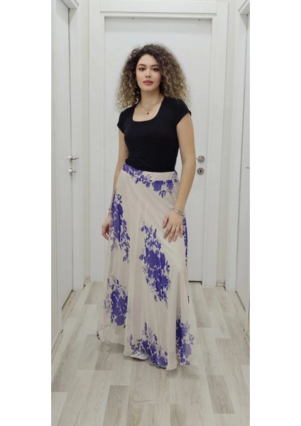 Bel Lastikli Kloş Şifon Etek 6003-BEJ/MOR