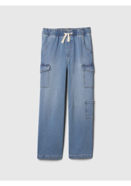 Kız Çocuk Mavi High Rise Wide-Leg Kargo Pull-On Jean Pantolon