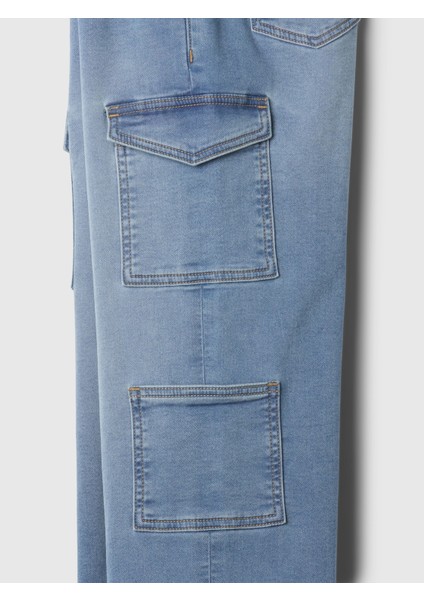 Kız Çocuk Mavi High Rise Wide-Leg Kargo Pull-On Jean Pantolon