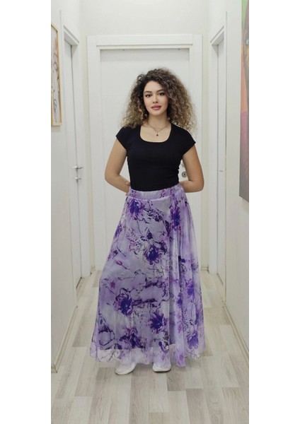 Bel Lastikli Kloş Desenli Şifon Etek 6003-MOR