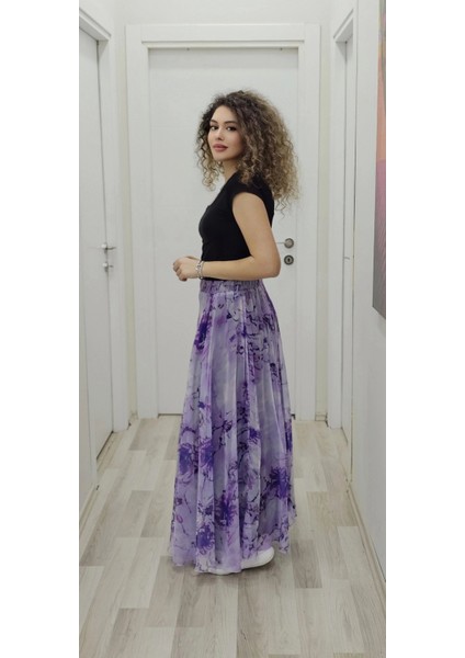 Bel Lastikli Kloş Desenli Şifon Etek 6003-MOR modelleri