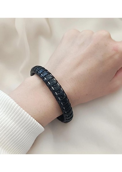 Siyah Hakiki Deri Bileklik Örgü Unisex 21 cm Bilezik fiyatları