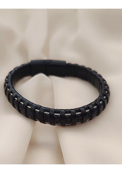 Siyah Hakiki Deri Bileklik Örgü Unisex 21 cm Bilezik indirimleri