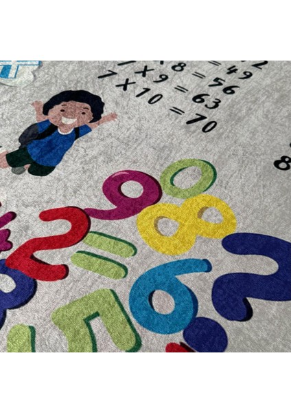 Çocuk Bebek Halısı Çarpım Tablosu Temalı Gri Halı Yıkanabilir Kaymaz Taban