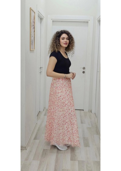 Bel Lastikli Kloş Şifon Etek 6003-BEYAZ/TURUNCU modelleri