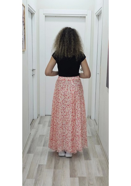 Bel Lastikli Kloş Şifon Etek 6003-BEYAZ/TURUNCU fırsatları