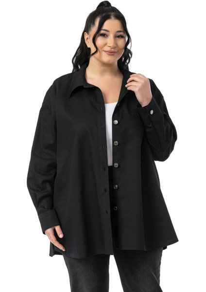 Büyük Beden Yanları Yırtmaçlı Gabardin Siyah Gömlek