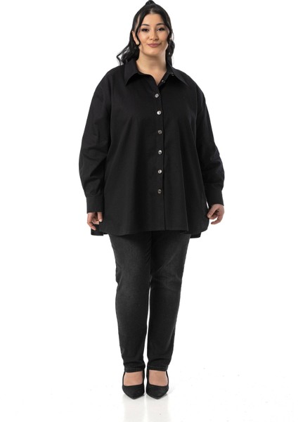 Büyük Beden Yanları Yırtmaçlı Gabardin Siyah Gömlek fiyatları