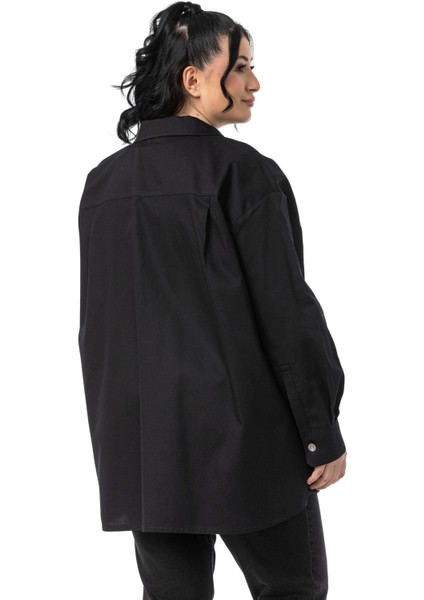 Büyük Beden Yanları Yırtmaçlı Gabardin Siyah Gömlek modelleri