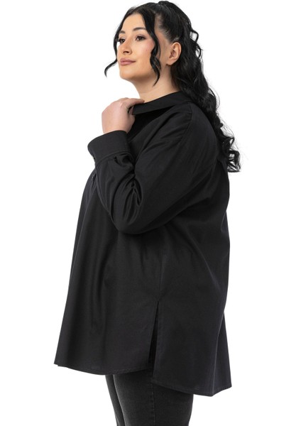 Büyük Beden Yanları Yırtmaçlı Gabardin Siyah Gömlek indirimleri