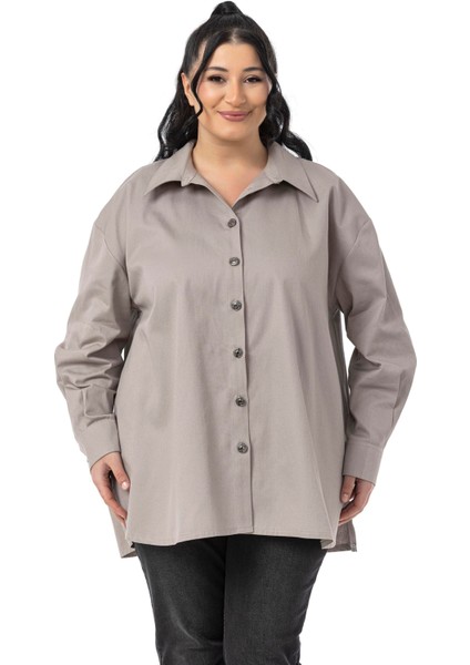 Büyük Beden Yanları Yırtmaçlı Gabardin Taş Rengi Gömlek