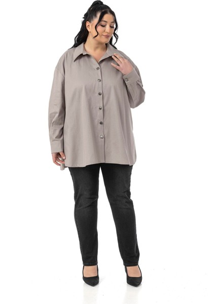 Büyük Beden Yanları Yırtmaçlı Gabardin Taş Rengi Gömlek fiyatları