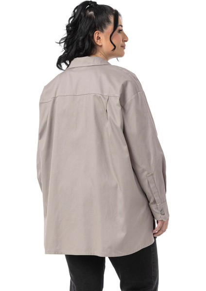Büyük Beden Yanları Yırtmaçlı Gabardin Taş Rengi Gömlek modelleri