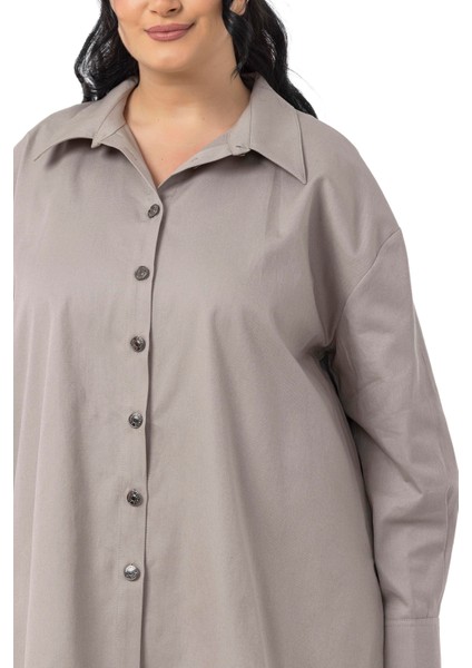 Büyük Beden Yanları Yırtmaçlı Gabardin Taş Rengi Gömlek fırsatları