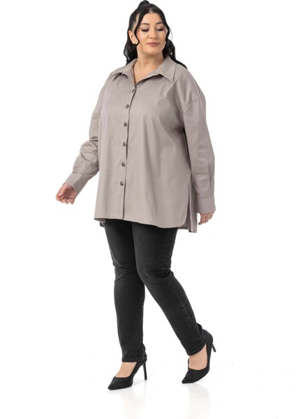 Büyük Beden Yanları Yırtmaçlı Gabardin Taş Rengi Gömlek indirimleri