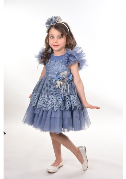 Dantel ve Tül Detaylı Prenses Kız Çocuk ELBISESI_M2402