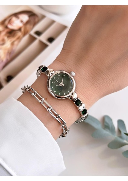 Özel Tasarım Vintage Seri Taşlı Kordon Model Kadın Kol Saati+Bileklik Hediyeli CL8745.C05