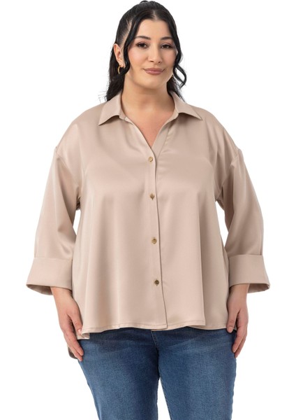 Büyük Beden Duble Katlamalı Truvakar Kollu Saten Koyu Bej Rengi Gömlek