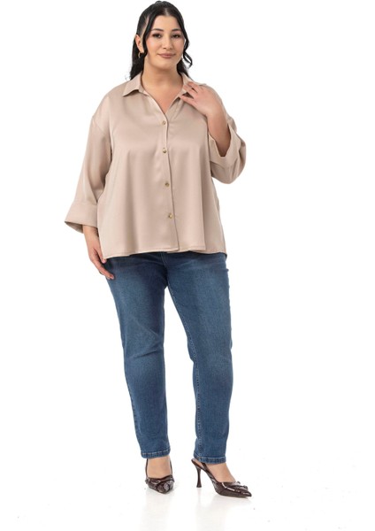 Büyük Beden Duble Katlamalı Truvakar Kollu Saten Koyu Bej Rengi Gömlek fiyatları