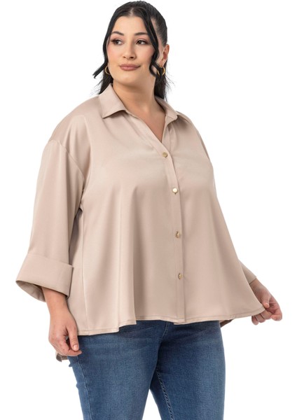 Büyük Beden Duble Katlamalı Truvakar Kollu Saten Koyu Bej Rengi Gömlek indirimleri