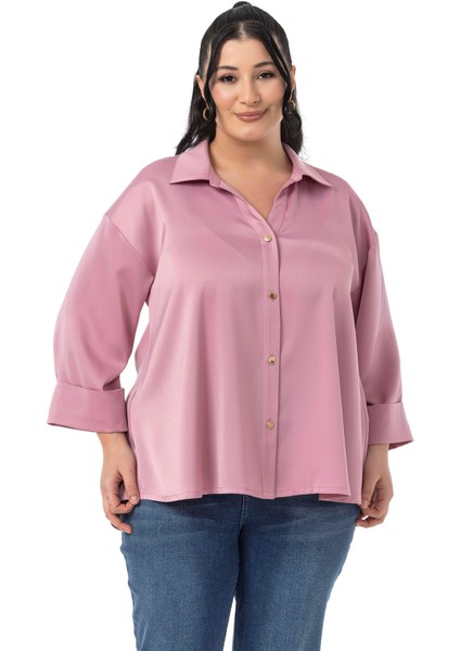 Büyük Beden Duble Katlamalı Truvakar Kollu Saten Gül Kurusu Gömlek