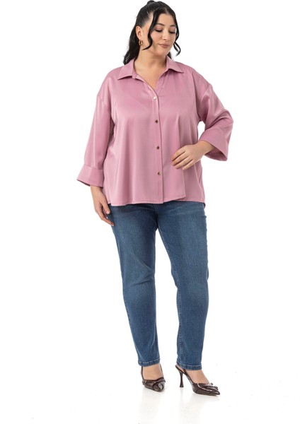 Büyük Beden Duble Katlamalı Truvakar Kollu Saten Gül Kurusu Gömlek fiyatları