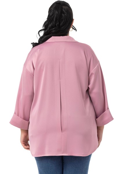 Büyük Beden Duble Katlamalı Truvakar Kollu Saten Gül Kurusu Gömlek modelleri