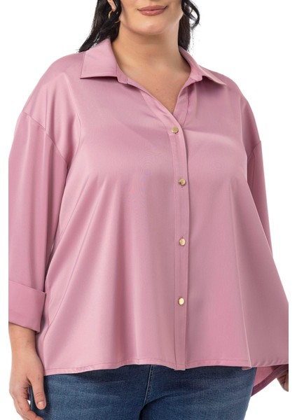 Büyük Beden Duble Katlamalı Truvakar Kollu Saten Gül Kurusu Gömlek fırsatları