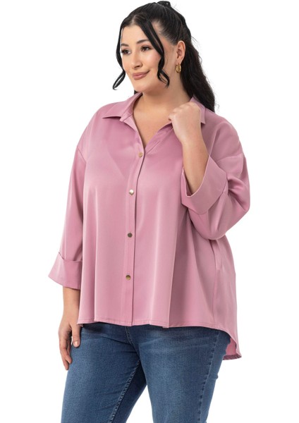 Büyük Beden Duble Katlamalı Truvakar Kollu Saten Gül Kurusu Gömlek indirimleri