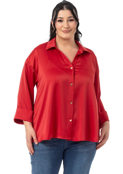Büyük Beden Duble Katlamalı Truvakar Kollu Saten Kırmızı Gömlek