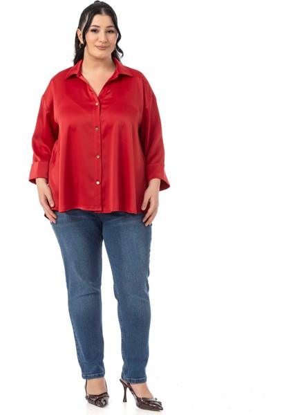 Büyük Beden Duble Katlamalı Truvakar Kollu Saten Kırmızı Gömlek fiyatları