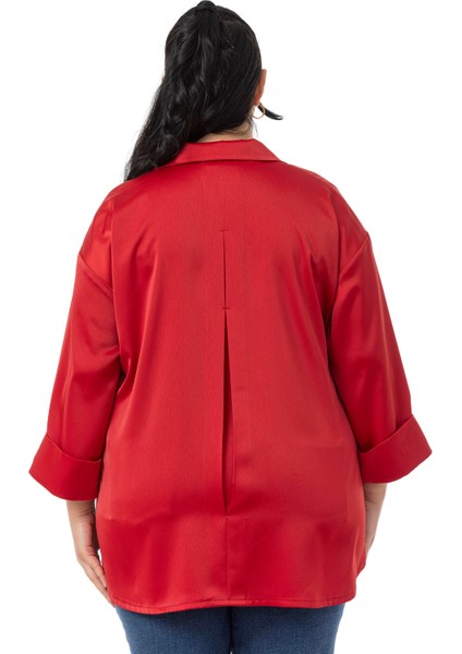 Büyük Beden Duble Katlamalı Truvakar Kollu Saten Kırmızı Gömlek modelleri
