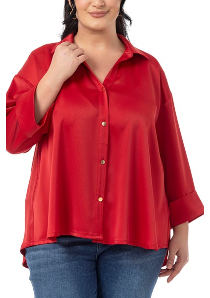 Büyük Beden Duble Katlamalı Truvakar Kollu Saten Kırmızı Gömlek fırsatları