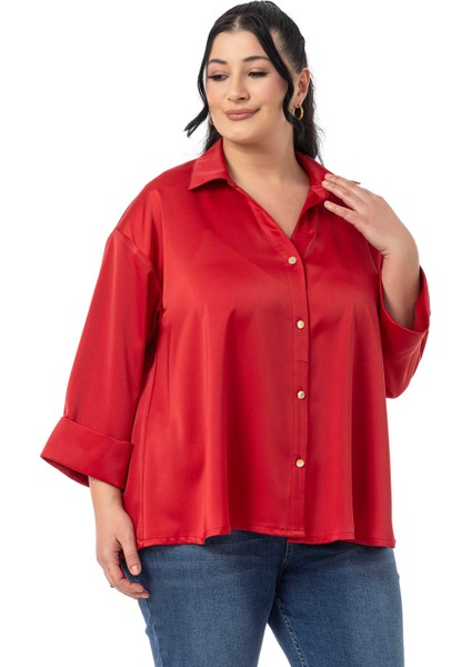 Büyük Beden Duble Katlamalı Truvakar Kollu Saten Kırmızı Gömlek indirimleri