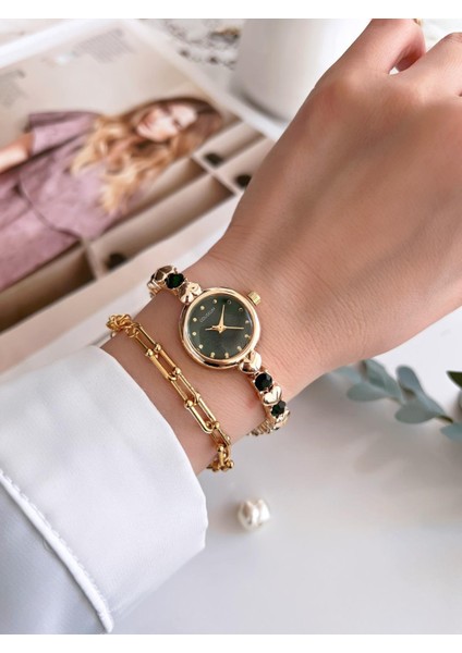 Özel Tasarım Vintage Seri Taşlı Kordon Model Kadın Kol Saati+Bileklik Hediyeli CL8745.C03