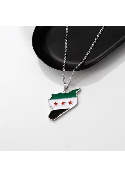 Suriye Haritası Bayrağı Metal Gümüş Kolye
